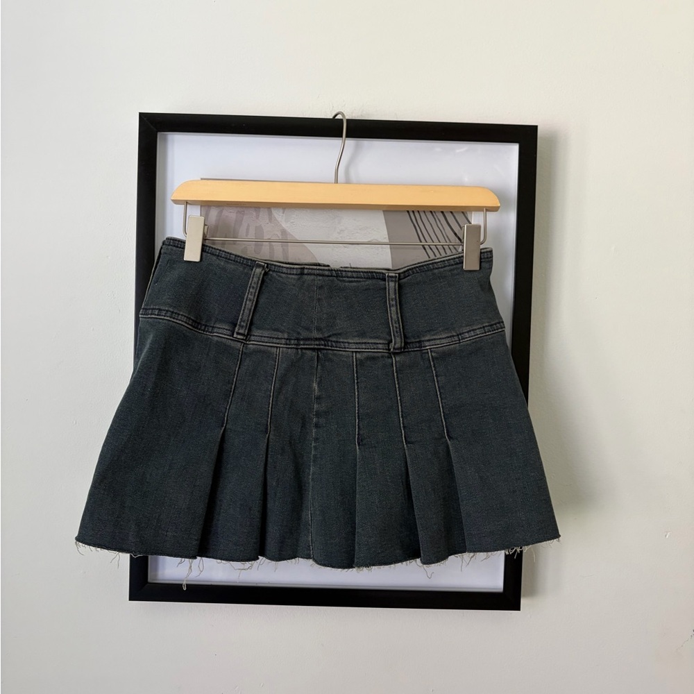 Black Denim Pleated Mini Skirt